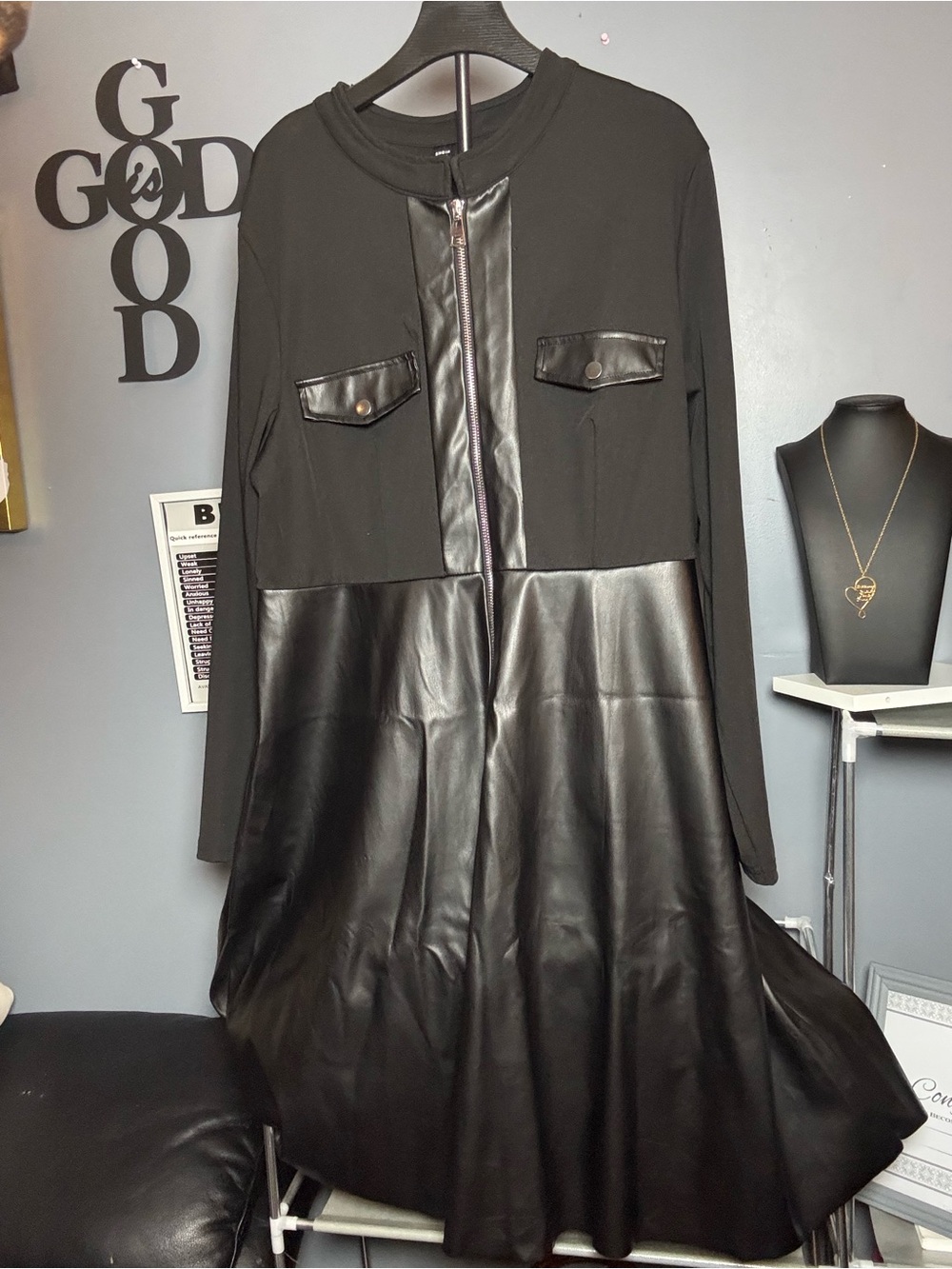 SHEIN Black Faux Leather-Panel Trench Dress Coat